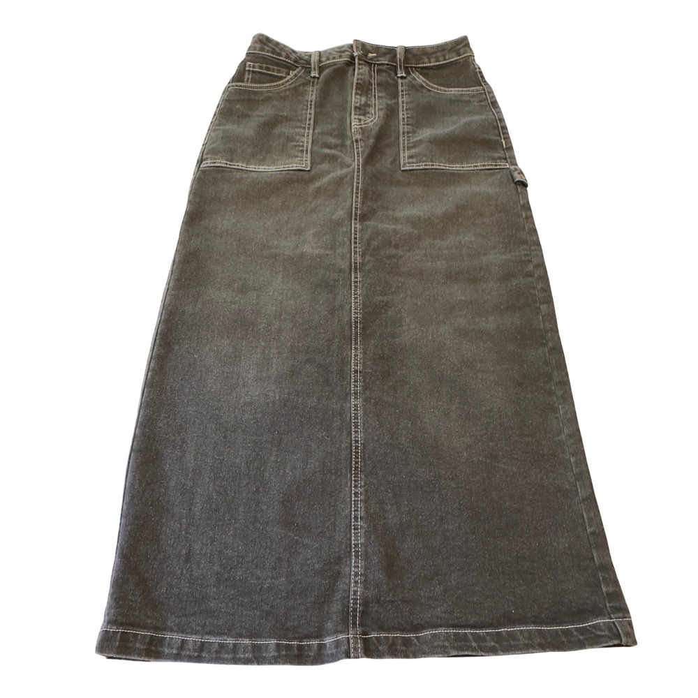 Love Fire Black Denim Utility Maxi Skirt Contrast Stitching Hammer Loop Size 7